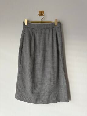 Vintage Black & White Houndstooth Wool Midi Skirt | High Waist Tailored Classic0